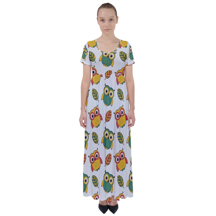 Background-with-owls-leaves-pattern High Waist Short Sleeve Maxi Dress