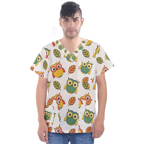 Background-with-owls-leaves-pattern Men s V-neck Scrub Top by uniart180623