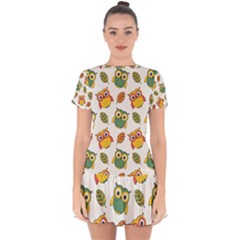 Background-with-owls-leaves-pattern Drop Hem Mini Chiffon Dress by uniart180623