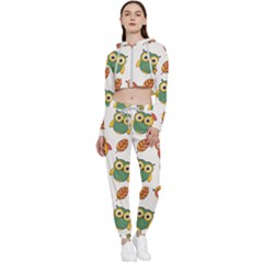 Background-with-owls-leaves-pattern Cropped Zip Up Lounge Set by uniart180623