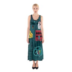 Seamless-pattern-hand-drawn-with-vehicles-buildings-road Sleeveless Maxi Dress by uniart180623