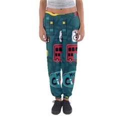 Seamless-pattern-hand-drawn-with-vehicles-buildings-road Women s Jogger Sweatpants by uniart180623