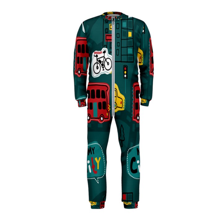 Seamless-pattern-hand-drawn-with-vehicles-buildings-road OnePiece Jumpsuit (Kids)