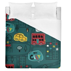 Seamless-pattern-hand-drawn-with-vehicles-buildings-road Duvet Cover (queen Size) by uniart180623