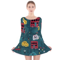 Seamless-pattern-hand-drawn-with-vehicles-buildings-road Long Sleeve Velvet Skater Dress by uniart180623