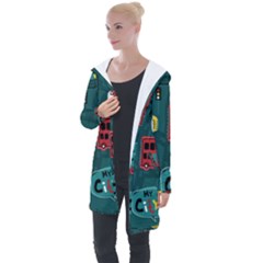 Seamless-pattern-hand-drawn-with-vehicles-buildings-road Longline Hooded Cardigan by uniart180623