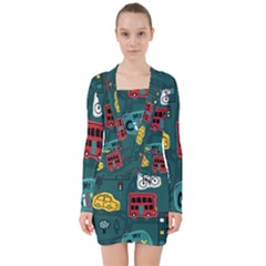 Seamless-pattern-hand-drawn-with-vehicles-buildings-road V-neck Bodycon Long Sleeve Dress by uniart180623