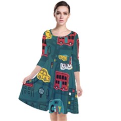 Seamless-pattern-hand-drawn-with-vehicles-buildings-road Quarter Sleeve Waist Band Dress by uniart180623