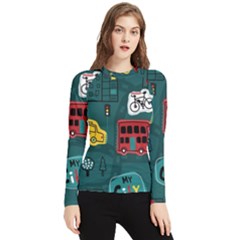 Seamless-pattern-hand-drawn-with-vehicles-buildings-road Women s Long Sleeve Rash Guard by uniart180623