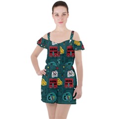 Seamless-pattern-hand-drawn-with-vehicles-buildings-road Ruffle Cut Out Chiffon Playsuit by uniart180623