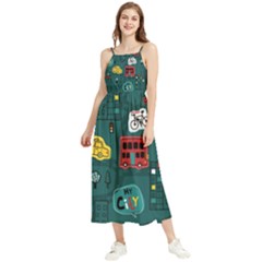 Seamless-pattern-hand-drawn-with-vehicles-buildings-road Boho Sleeveless Summer Dress by uniart180623