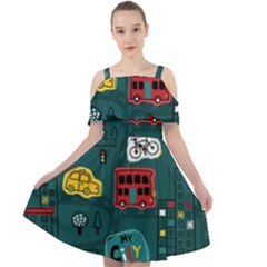 Seamless-pattern-hand-drawn-with-vehicles-buildings-road Cut Out Shoulders Chiffon Dress by uniart180623