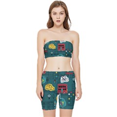 Seamless-pattern-hand-drawn-with-vehicles-buildings-road Stretch Shorts And Tube Top Set by uniart180623