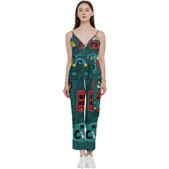 Seamless-pattern-hand-drawn-with-vehicles-buildings-road V-neck Camisole Jumpsuit by uniart180623