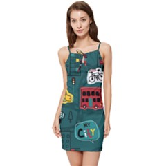 Seamless-pattern-hand-drawn-with-vehicles-buildings-road Summer Tie Front Dress by uniart180623