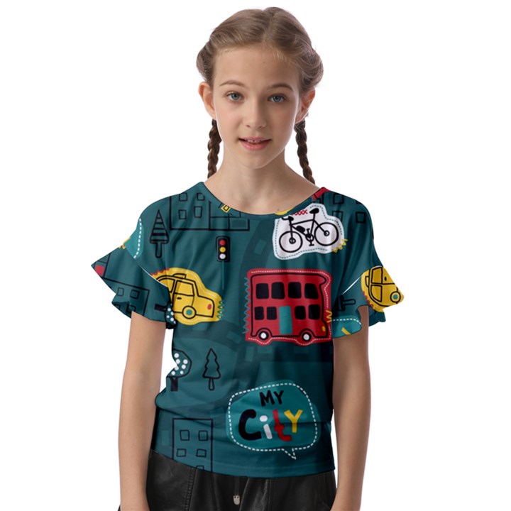 Seamless-pattern-hand-drawn-with-vehicles-buildings-road Kids  Cut Out Flutter Sleeves