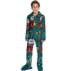 Seamless-pattern-hand-drawn-with-vehicles-buildings-road Kids  Long Sleeve Velvet Pajamas Set by uniart180623