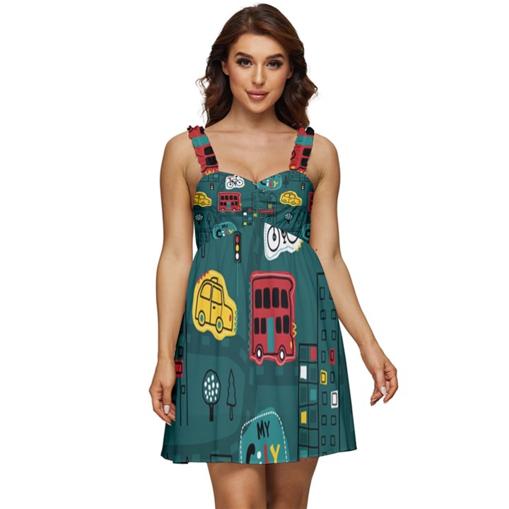 Seamless-pattern-hand-drawn-with-vehicles-buildings-road Ruffle Strap Babydoll Chiffon Dress