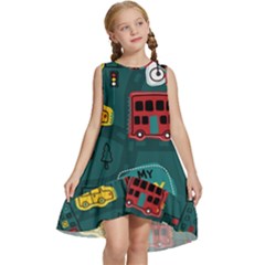 Seamless-pattern-hand-drawn-with-vehicles-buildings-road Kids  Frill Swing Dress by uniart180623