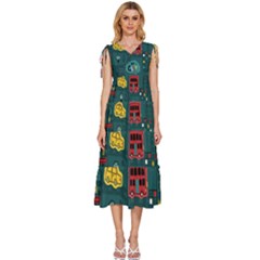 Seamless-pattern-hand-drawn-with-vehicles-buildings-road V-neck Drawstring Shoulder Sleeveless Maxi Dress by uniart180623