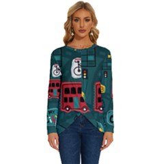 Seamless-pattern-hand-drawn-with-vehicles-buildings-road Long Sleeve Crew Neck Pullover Top by uniart180623