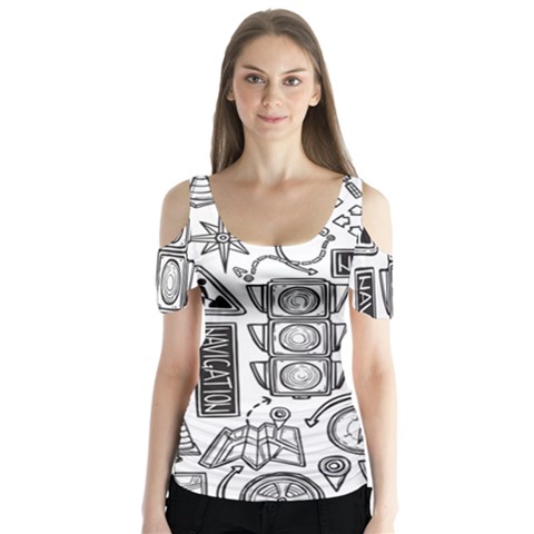 Navigation-seamless-pattern Butterfly Sleeve Cutout Tee  by uniart180623