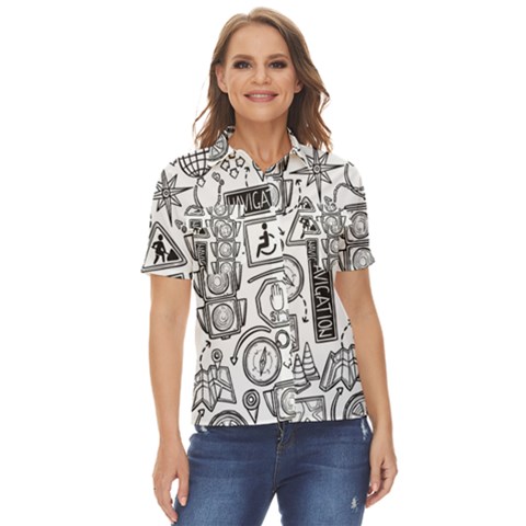 Navigation-seamless-pattern Women s Short Sleeve Double Pocket Shirt by uniart180623