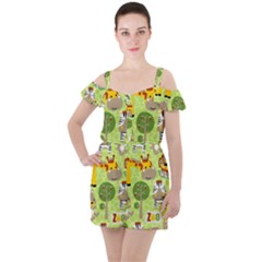 Funny-animals-cartoon Ruffle Cut Out Chiffon Playsuit by uniart180623