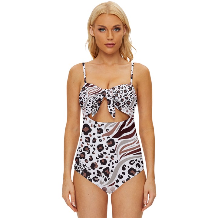 Mix-animal-skin-prints-seamless-pattern-vector Knot Front One-Piece Swimsuit