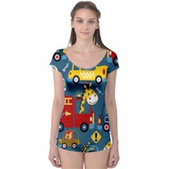 Seamless-pattern-vehicles-cartoon-with-funny-drivers Boyleg Leotard  by uniart180623