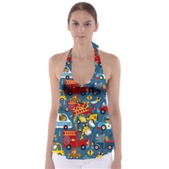 Seamless-pattern-vehicles-cartoon-with-funny-drivers Babydoll Tankini Top by uniart180623