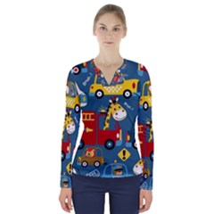 Seamless-pattern-vehicles-cartoon-with-funny-drivers V-neck Long Sleeve Top by uniart180623