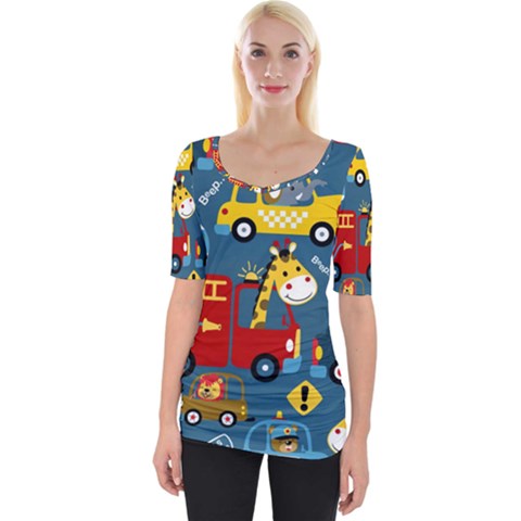 Seamless-pattern-vehicles-cartoon-with-funny-drivers Wide Neckline Tee by uniart180623