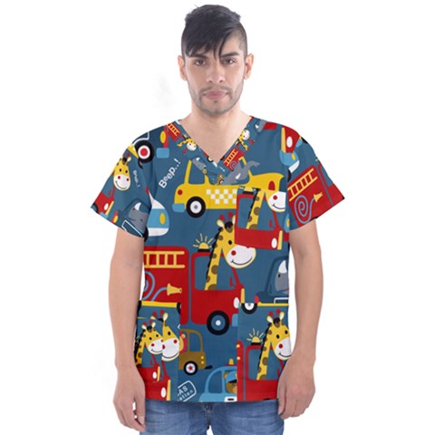 Seamless-pattern-vehicles-cartoon-with-funny-drivers Men s V-neck Scrub Top by uniart180623