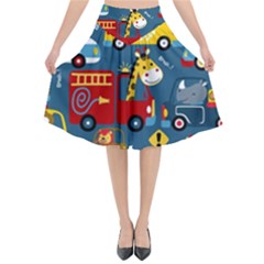 Seamless-pattern-vehicles-cartoon-with-funny-drivers Flared Midi Skirt by uniart180623