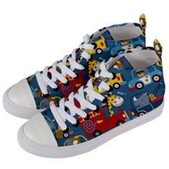 Seamless-pattern-vehicles-cartoon-with-funny-drivers Women s Mid-top Canvas Sneakers by uniart180623