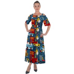 Seamless-pattern-vehicles-cartoon-with-funny-drivers Shoulder Straps Boho Maxi Dress  by uniart180623