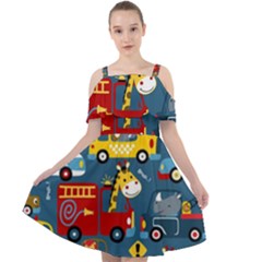 Seamless-pattern-vehicles-cartoon-with-funny-drivers Cut Out Shoulders Chiffon Dress by uniart180623