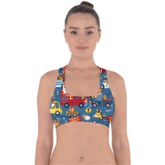 Seamless-pattern-vehicles-cartoon-with-funny-drivers Cross Back Hipster Bikini Top  by uniart180623