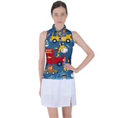 Seamless-pattern-vehicles-cartoon-with-funny-drivers Women s Sleeveless Polo Tee by uniart180623