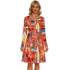 Seamless-pattern-vector-beach-holiday-theme-set Long Sleeve Dress With Pocket by uniart180623