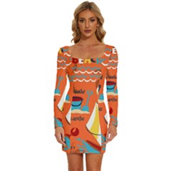 Seamless-pattern-vector-beach-holiday-theme-set Long Sleeve Square Neck Bodycon Velvet Dress by uniart180623