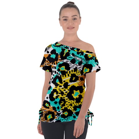 Seamless-leopard-wild-pattern-animal-print Off Shoulder Tie-up Tee by uniart180623