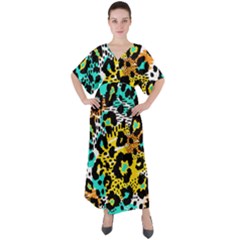 Seamless-leopard-wild-pattern-animal-print V-neck Boho Style Maxi Dress by uniart180623