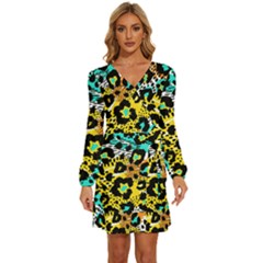 Seamless-leopard-wild-pattern-animal-print Long Sleeve Waist Tie Ruffle Velvet Dress by uniart180623