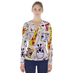 Vector-seamless-pattern-nice-animals-cartoon V-neck Long Sleeve Top by uniart180623