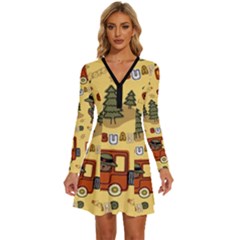 Seamless-pattern-funny-ranger-cartoon Long Sleeve Deep V Mini Dress 