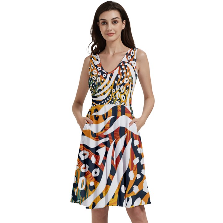 Abstract-geometric-seamless-pattern-with-animal-print Sleeveless V-neck skater dress with Pockets