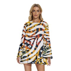 Abstract-geometric-seamless-pattern-with-animal-print Round Neck Long Sleeve Bohemian Style Chiffon Mini Dress by uniart180623