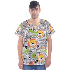 Seamless-pattern-with-wildlife-cartoon Men s V-neck Scrub Top